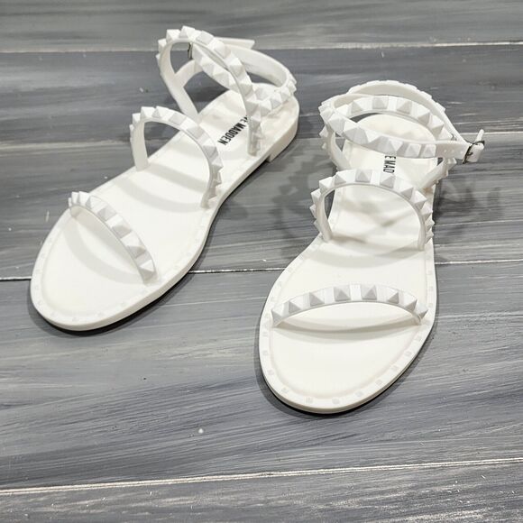 Steve Madden Flat Sandals Travel J Studded Ankle Strap White Size 5 - Picture 6 of 8